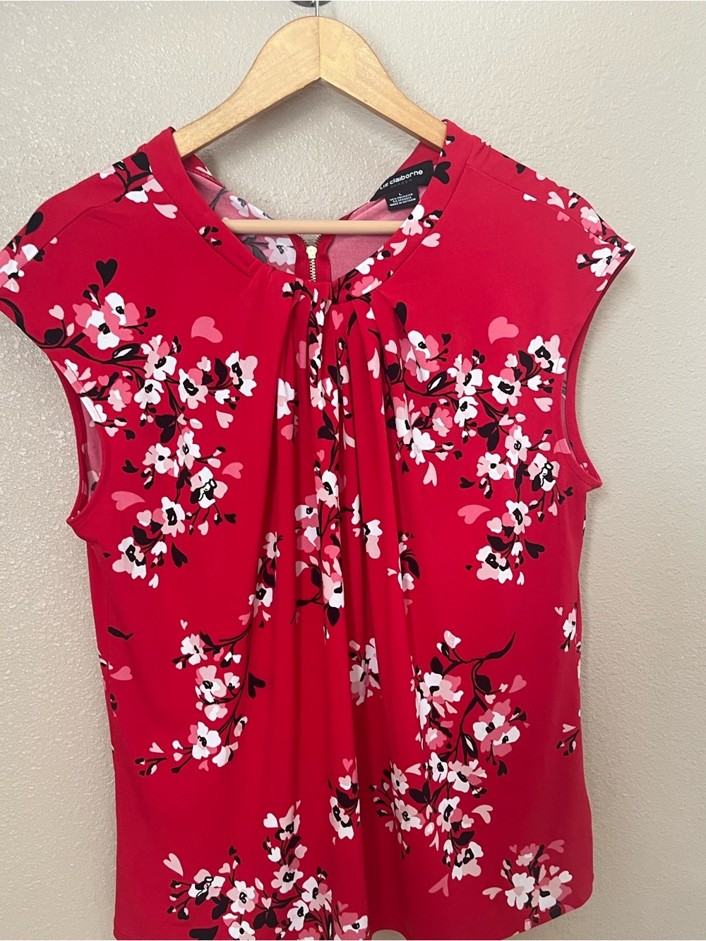 Liz Claiborne Red Floral Tie-Neck Cap Sleeve Blouse